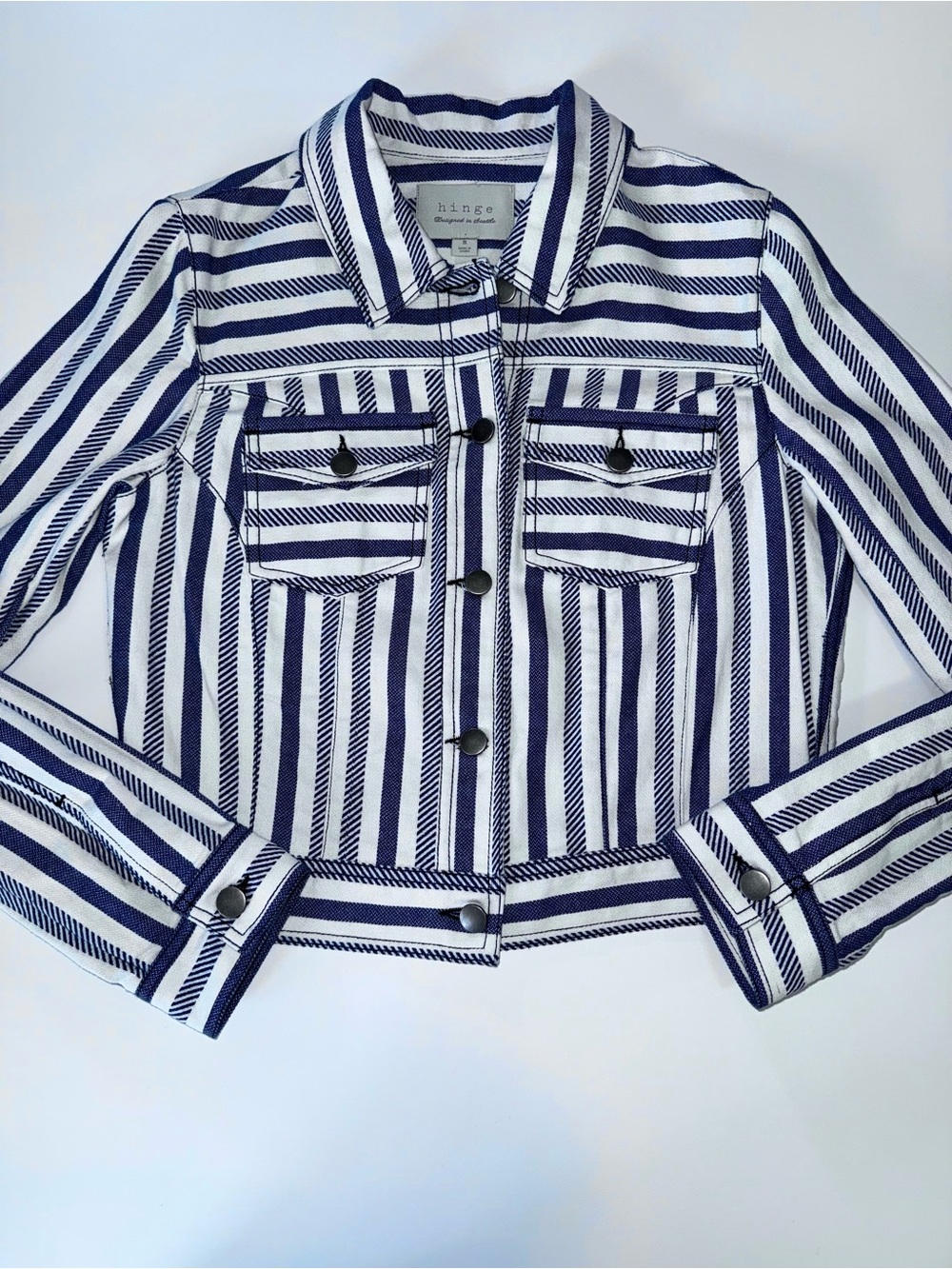 Hinge Striped Denim Trucker Jacket Blue White Size Medium